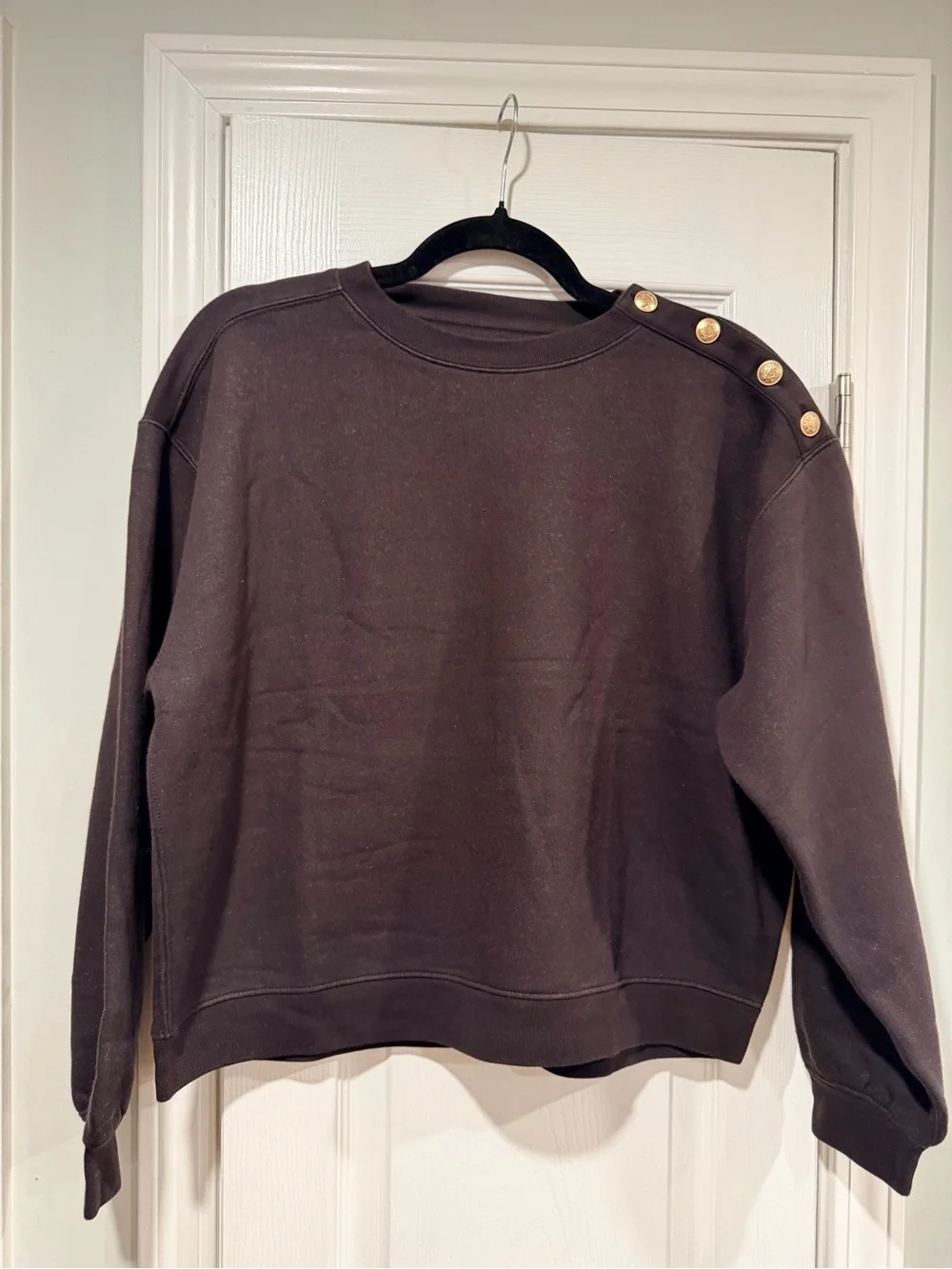 NWOT J.Crew Size S Black Gray Gold Button Shoulder Sweatshirt Crewneck Pullover